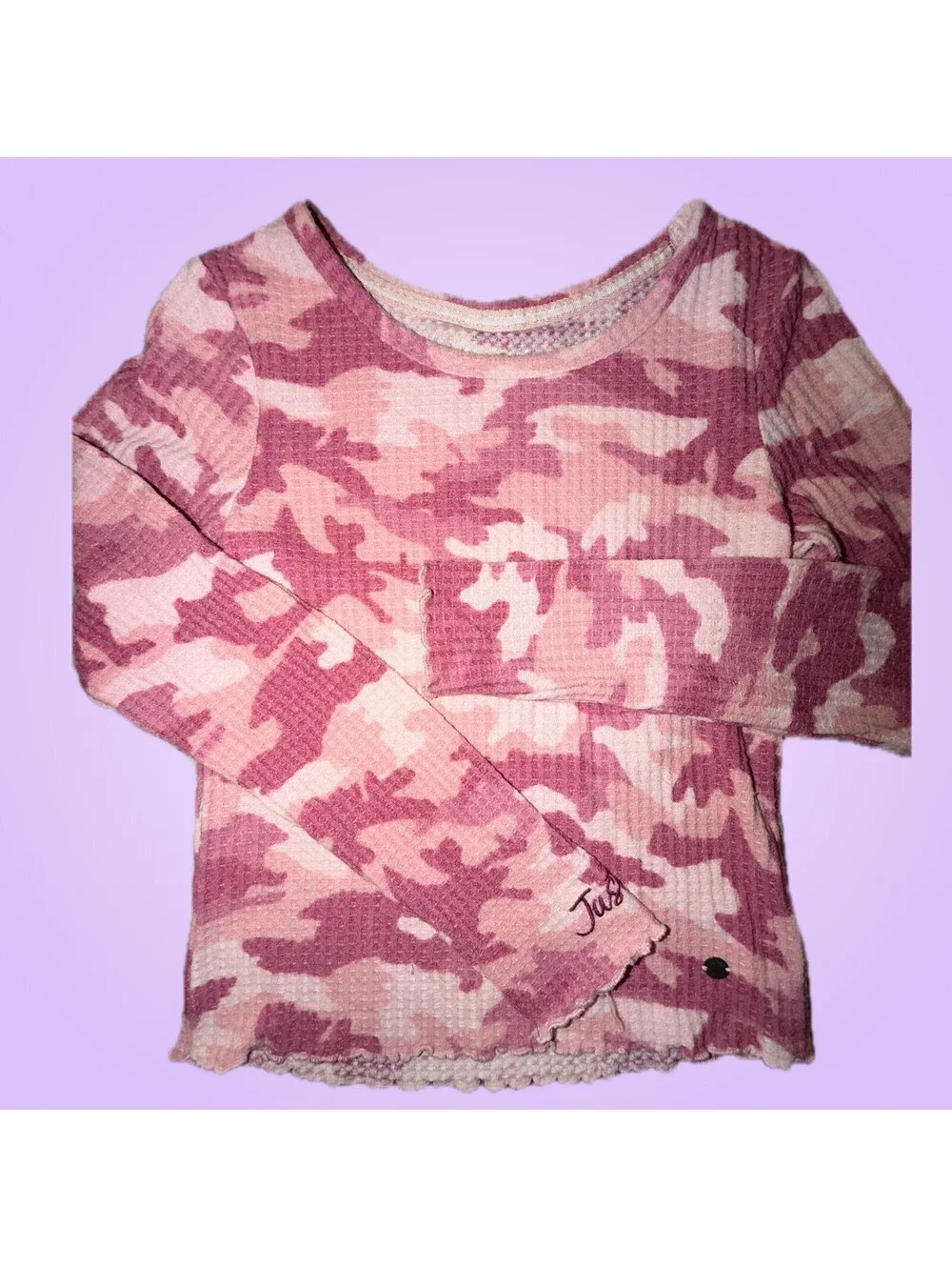 Justice Girls Size 10 Pink Camo Waffle Knit Long-Sleeve Thermal Top